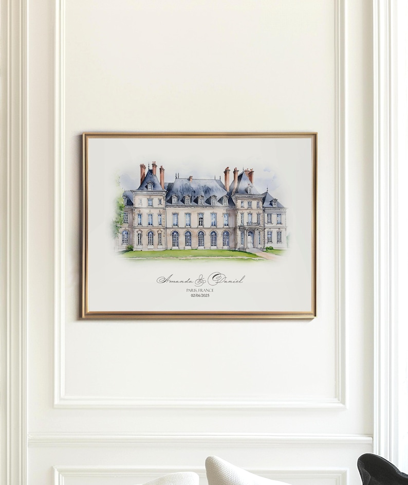 Artistic sketch of a wedding venue in watercolor, designed as a meaningful wedding gift or paper anniversary present.