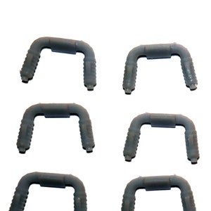 May include: Nine gray, U-shaped plastic components are arranged on a white background. Each component has a ribbed texture on the vertical sections and a smooth, curved top. The components appear to be small parts for a larger product.
