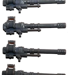 May include: Five gray miniature gun models are arranged vertically against a white background. Each model has a cylindrical barrel, a detailed body, and a small rectangular element on top. The overall design suggests a military or sci-fi theme.