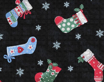 Christmas Stockings on Black 100% cotton fabric in Fat Quarters and By-The-Yard for quilts, sewing projects, crafts Oct revised