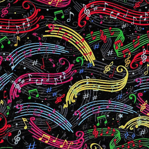 Colorful Music Notes 100% cotton fabric in Fat Quarters and By-The-Yard for quilts, sewing projects, crafts Oct revised