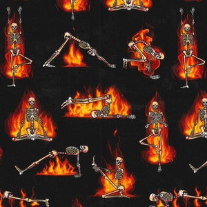 May include: A black background with a repeating pattern of skeletons in various yoga poses. The skeletons are surrounded by flames in shades of orange and yellow.