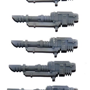May include: Five gray miniature gun models, likely for tabletop gaming or model building. Each gun features a detailed design with a barrel, grip, and various mechanical components. The models are arranged vertically against a white background.
