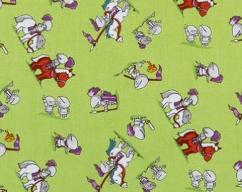 Cartoon Knights Fabric: Green Cotton Medieval Print - Quilting & Crafts