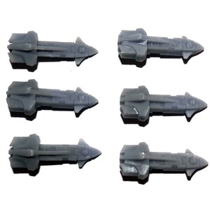 May include: Six gray, futuristic-looking miniature objects, possibly components for a model or game. Each has a central body with a pointed end and a series of protrusions. The objects are arranged in two rows of three against a white background.