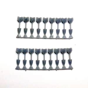 May include: Two rows of small, gray plastic model parts, each with a rounded top and a stem-like base. The parts are connected in a line, likely for easy handling. The background is plain white.