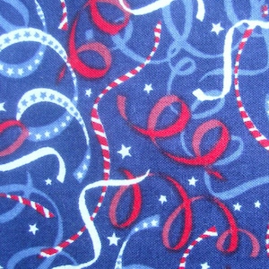 Patriotic Stars and Ribbons on Blue 100% cotton fabric in Fat Quarters and By-The-Yard for quilts, sewing projects, 4rth of July revised