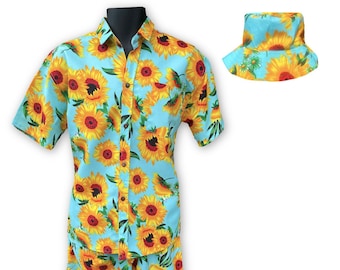 Mens Festival, Rave, Beach, Stag Outfit, Loud shirt, Hawaiian Shirt, Shorts, Hat - Light Blue Sunflower
