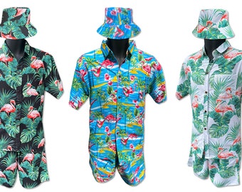 Completo da uomo per festival, completo da uomo per spiaggia, completo da uomo per addio al celibato, camicia vistosa, camicia hawaiana, pantaloncini, cappello