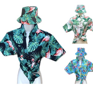 Flamingo festivaloutfit dames, rave-outfit dames, strandoutfit dames, luid shirt, shirt Hawaiiaans vriendje + hoed combinatie