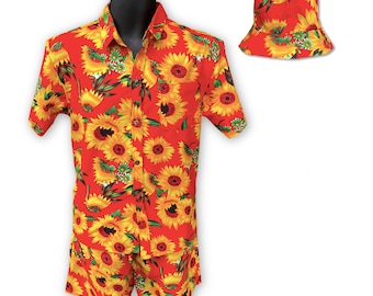Mens Festival, Rave, Beach, Stag Outfit, Loud shirt, Hawaiian Shirt, Shorts, Hat - Red Sunflower