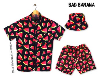 Abiti da festival da uomo, abito da rave da uomo, abito da spiaggia da uomo, abito da addio al celibato, camicia rumorosa, camicia hawaiana, pantaloncini, cappello - Blue Watermelon Combo