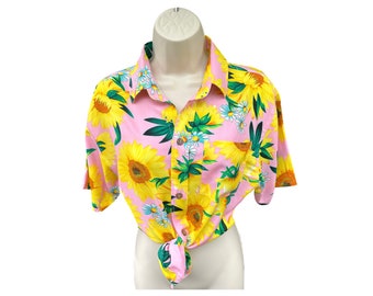 Womens  Festival Shirt, Rave Shirt, Beach Shirt, Hen Party Shirt, Loud shirt, Hawaiian Shirt. Boyfriend Shirt - Pink Sunflower