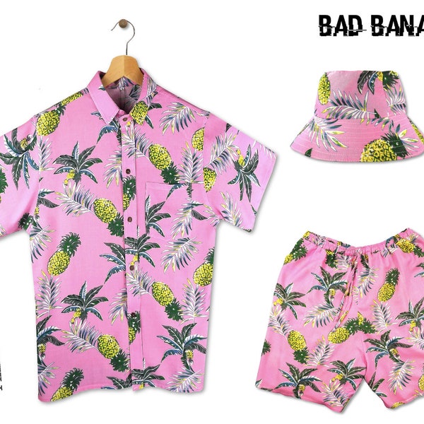 Mens Festival Outfit, Mens Rave Outfit, Mens Beach Outfit, Stag Outfit, Loud, Hawaiian Shirt + Shorts + Hat - Pink Pineapple Combo