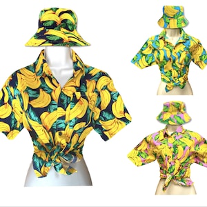 Banana Festival-outfit dames, rave-outfit dames, strandoutfit dames, luid shirt, shirt Hawaiiaans vriendje + hoed combinatie