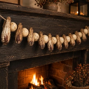 May include: A decorative garland featuring alternating textured, brown, dried corn-shaped ornaments and smooth, off-white spherical beads strung together on a thin cord, creating a repeating pattern of natural-toned, rustic-style decorative elements.