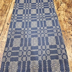 May include: A rectangular, woven textile with a repeating geometric pattern in navy blue and beige. The pattern features squares and rectangles, creating a grid-like design. The textile is displayed on a wooden surface.