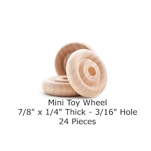 7/8&quot; Mini Unfinished Wood Wheels 1/4&quot; Thick - 3/16&quot; Hole Toy Craft Supplies 24 Pieces