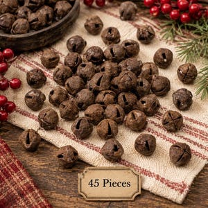 May include: A collection of 45 rustic brown metal jingle bells with a textured finish, each featuring a cross-shaped opening. The bells are scattered across a cream-colored fabric with red stripes, accompanied by red berries and pine needles.