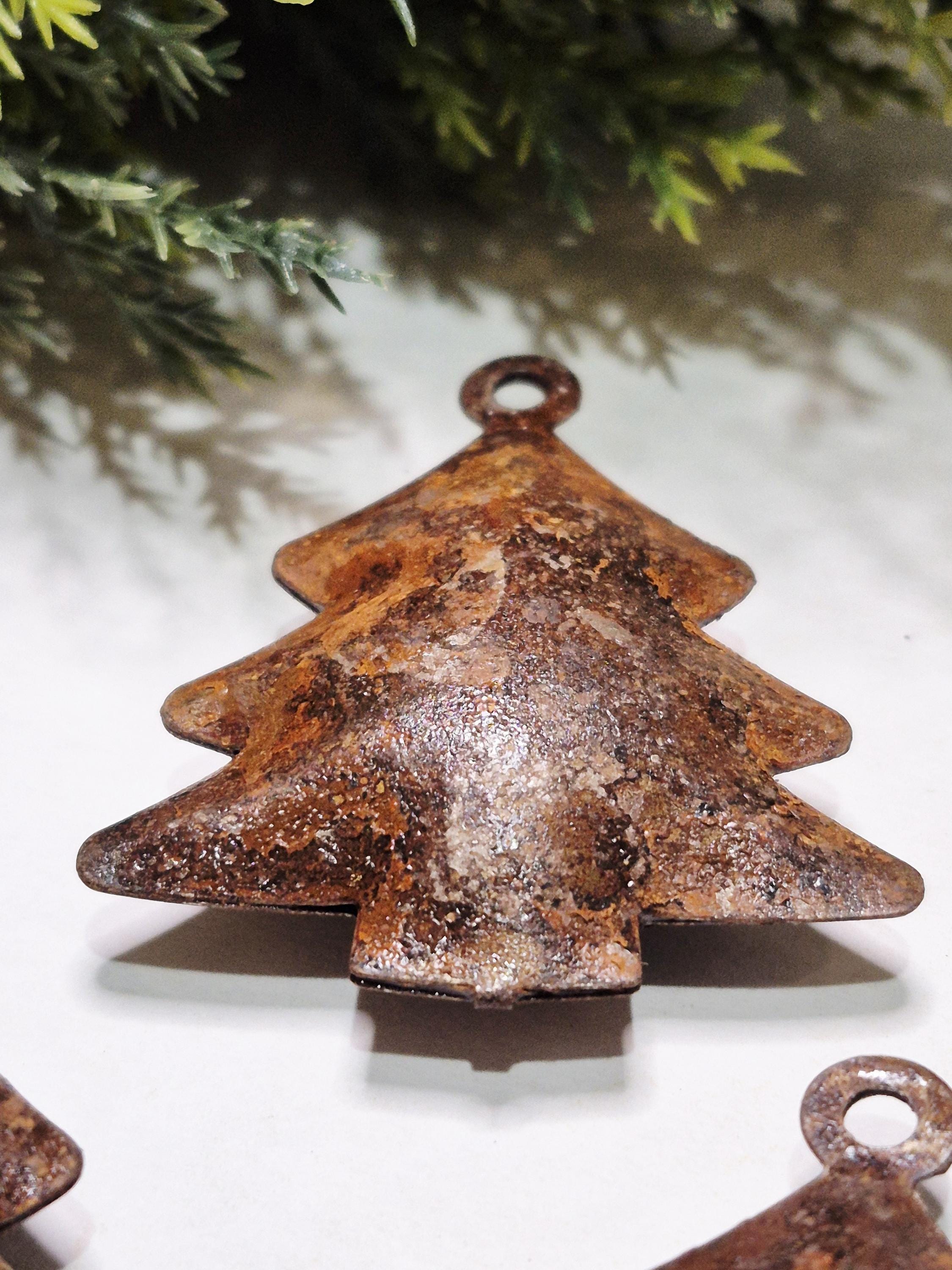 Set of 5 Rustic / Aged (Dark Colored) Primitive Style Tree Shaped Bells Craft Supplies Holiday Decor Ornament