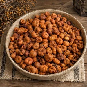 May include: A large, round, beige ceramic bowl filled with a dense collection of small, dried, orange-brown pumpkin-shaped fruits. The fruits have visible vertical ridges and stems, creating a textured, uniform appearance within the bowl.