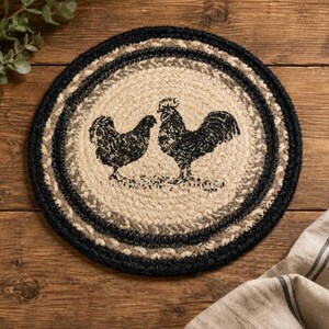 8" Braided Jute Rooster Hen Trivet - Candle Mat Kitchen Farmhouse Primitive Home Decor