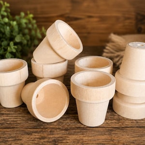 May include: A collection of small, unfinished light-colored wooden pots with a tapered shape and a wide rim. The set includes several individual pots arranged in a group, with some standing upright and others stacked, showing a smooth, natural wood grain.