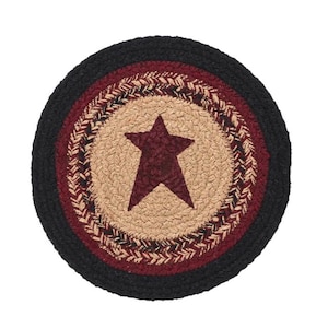 May include: A round, braided rug with a star design. The rug features a dark burgundy star in the center, surrounded by a tan and burgundy braided pattern. The outer border is black, creating a rustic, country-style aesthetic.