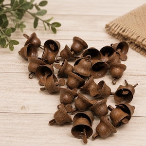 May include: A collection of small, rustic brown metal bells with a weathered, textured finish. Each bell features a flared shape and a small loop at the top for hanging. The bells are scattered across the surface, showing various angles and orientations.