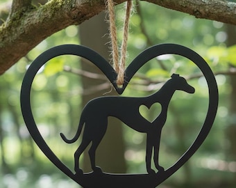 Steel Greyhound Dog Heart Ornament - Pet Memorial Gift - Silhouette Tree Decor - Handcrafted Steel Animal Lover Keepsake - Love