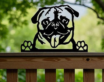 Steel Dog Fence Topper, Metal Pug Silhouette, UK Made Garden Decor, Unique Pet Gift, Small dog lover, Peeking, British