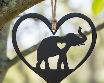 Steel Elephant Heart Ornament - Pet Memorial Gift - Silhouette Tree Decor - Handcrafted Steel Animal Lover Keepsake Zoo