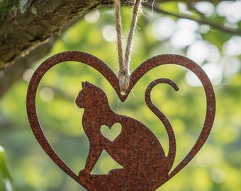 Steel Cat Heart Ornament - Pet Memorial Gift - Cat Silhouette Tree Decor - Handcrafted Steel Animal Lover Keepsake