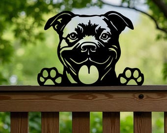 Steel Dog Fence Topper, Metal Staffy / Staffordshire Bull Terrier Silhouette, UK Made Garden Decor, Unique Pet Gift, Peeking, British