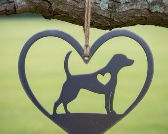 Steel Dog Heart Ornament - Pet Memorial Gift - Beagle Silhouette Tree Decor - Handcrafted Steel Animal Lover Keepsake