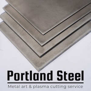 May include: Four square, grey steel plates are stacked, each slightly offset. The plates have a brushed metal finish. The text "Portland Steel" and "Metal art & plasma cutting service" are displayed in black.