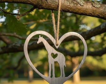 Steel Giraffe Heart Ornament - Pet Memorial Gift - Silhouette Tree Decor - Handcrafted Steel Animal Lover Keepsake Zoo
