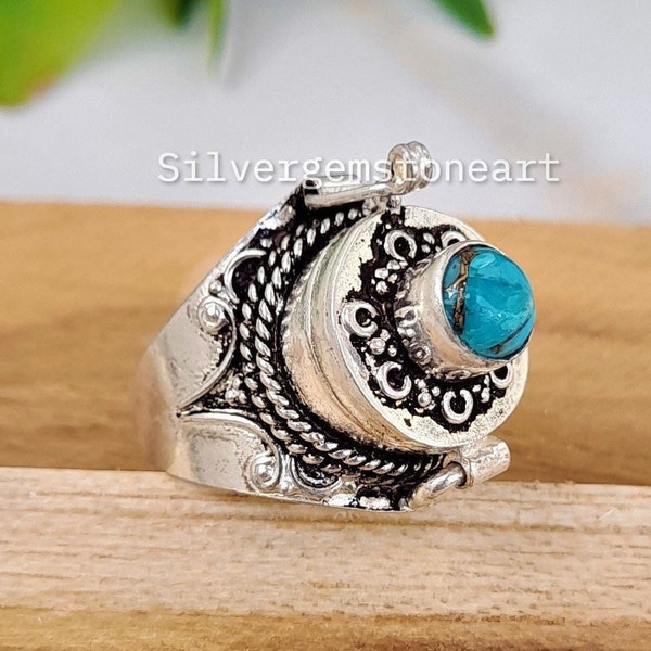 bague turquoise, bague de boîte de poison, bague de poison turquoise bleue, 925 plaqué argent, bague de poison faite à la main, bague en