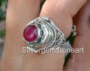Ruby Ring, 92.5% Silver plated, Raw Stone Ring, Artisan Design Ring, Poison Pillbox Ring, Red Stone Ring, Locket ring, Valentine's Gifts