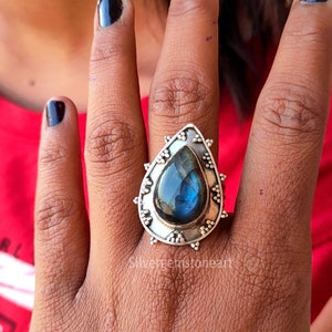 Blue Fire LABRADORITE & Other DROP Stones Ring SIZE OPTION 925 Silver Plated Blue Fire LABRADORITE & Other DROP Stones Ring SIZE OPTION 925 Silver Plated