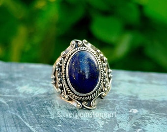 Natural Lapis Lazuli Ring, Blue Gemstone Ring, 925 Silver Plated Ring, Boho Statement Ring, Designer Ring, Oval Stone Ring, Ring For Women
