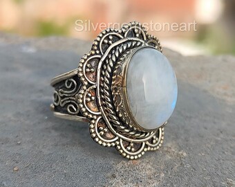 Moonstone Ring, Promise Ring, Healing crystal Ring, Boho Statement Ring, Oval Stone Ring, Rainbow Moonstone Jewelry, Gothic Ring, Hippie