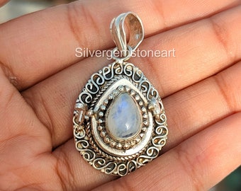 Moonstone Pendant, Poisoner Pendant, Pillbox Pendant, Secret Pendant, Poison Box Pendant, Teardrop Stone Pendant, Blue Flash Pendant, Gift