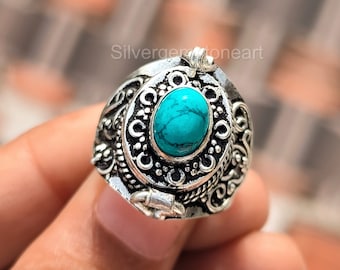 Turquoise Ring, Poison Box Ring, Handmade Poison Ring, Oval Stone Ring, Locket Ring, Designer Box Ring, Strange Box Ring, Poison Pill Ring