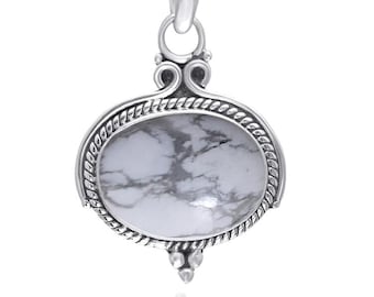 White Howlite Pendant, Oval Stone Pendant, Boho Pendant, White Buffalo Turquoise Pendant, Handmade Necklace, Valentine's Gifts
