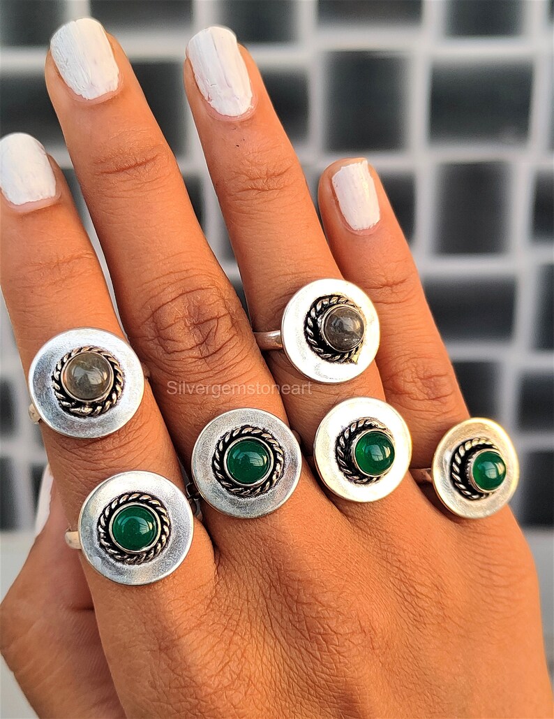 Green Onyx Ring Green Stone Ring Round Stone Ring Etsy