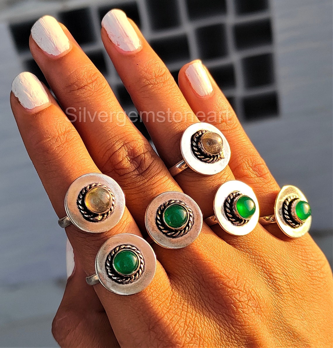 Green Onyx Ring Green Stone Ring Round Stone Ring Etsy