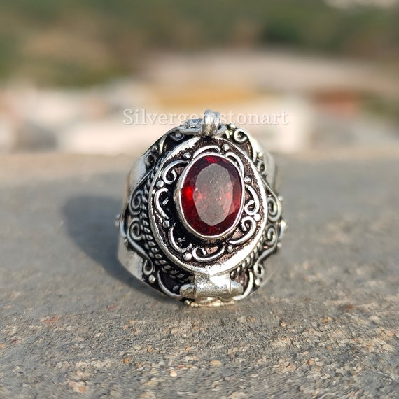 Garnet Ring Poison Box Ring Red Garnet Gemstone Ring - Etsy
