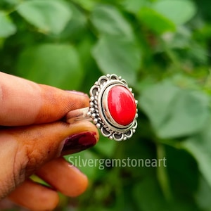 Boho Ring Coral Ring Oval Stone Ring Red Coral Ring - Etsy