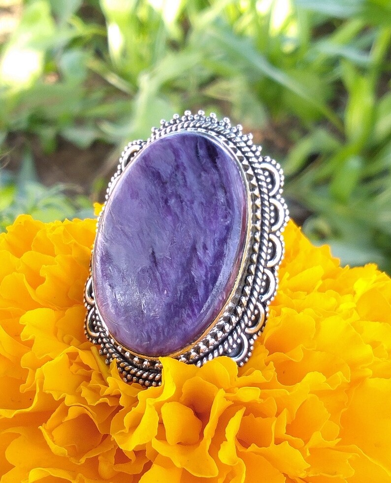 Charoite Ring 925 Sterling Silver Statement Ring Handmade image 0
